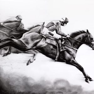 "Over the last" - Charcoal horse racing artwork by Emily Johnson