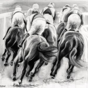 charcoal, horse racing art - "The chase is on" by Emily Johnson