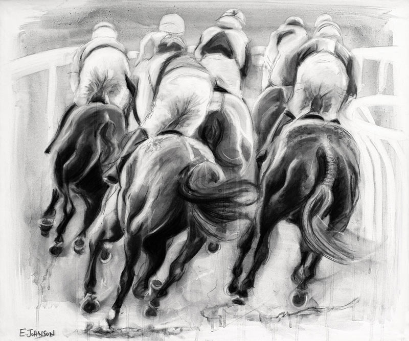 charcoal, horse racing art - "The chase is on" by Emily Johnson
