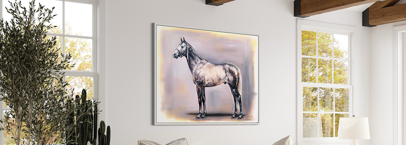 Grey thoroughbred stallion painting on the wall of an elegant home